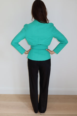 Thierry Mugler 1990s Teal Structural Snap Jacket & Skirt Suit