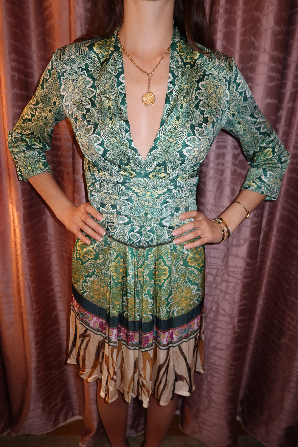 Roberto Cavalli Vintage Green Floral Print Midi Dress