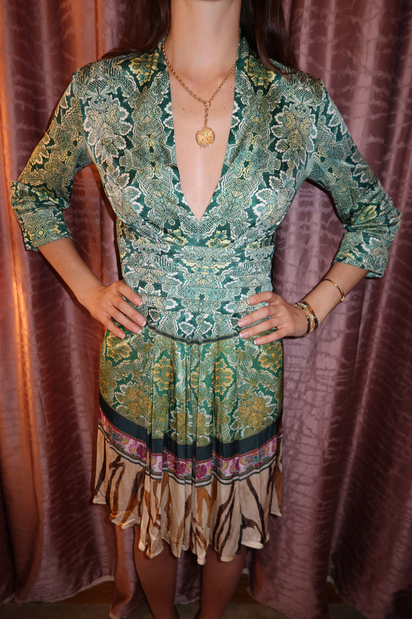 Roberto Cavalli Vintage Green Floral Print Midi Dress
