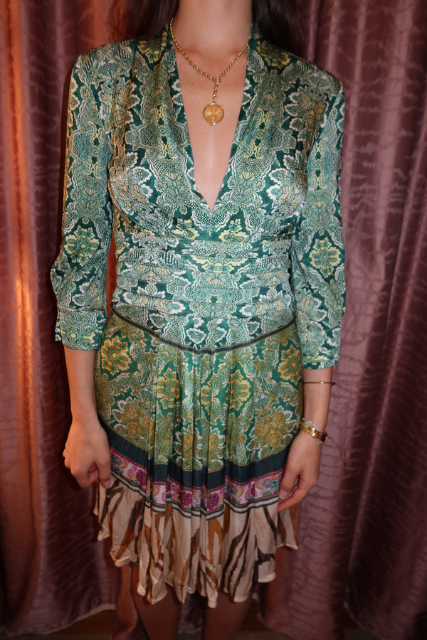 Roberto Cavalli Vintage Green Floral Print Midi Dress