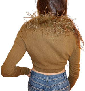 Betsey Johnson Olive Ostrich Feather Cashmere Cardigan