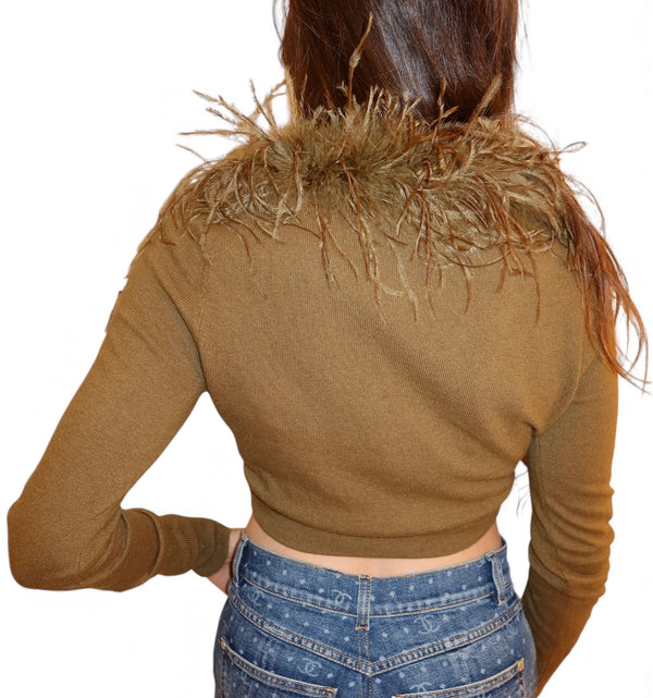Betsey Johnson Olive Ostrich Feather Cashmere Cardigan