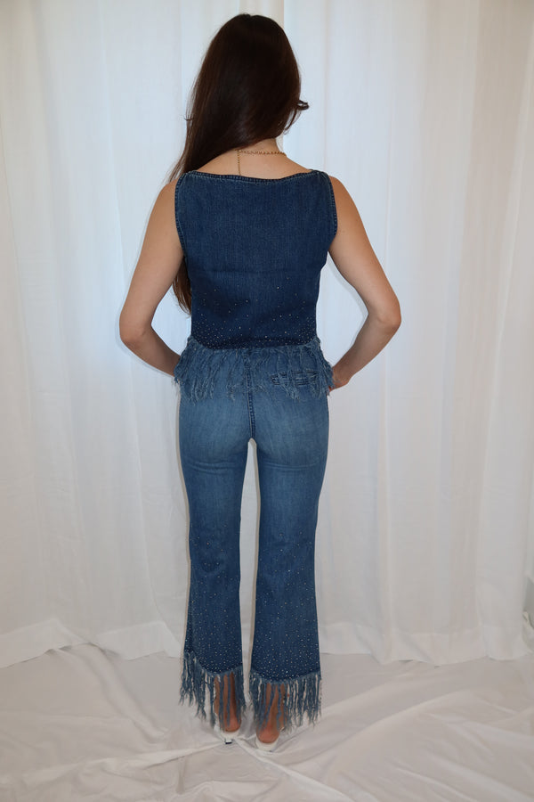 Fendi Vintage Denim Fringe & Rhinestone Set