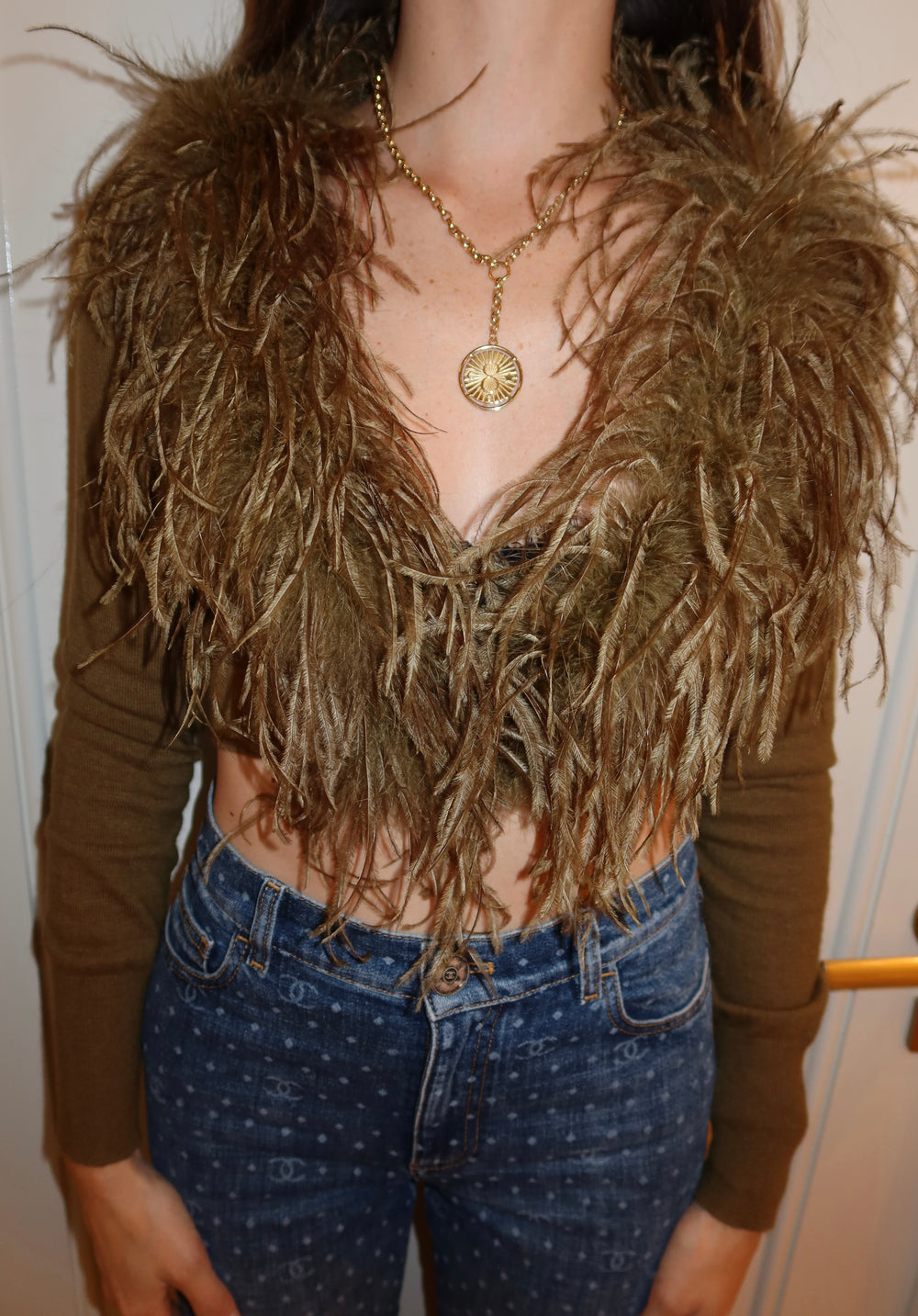 Betsey Johnson Olive Ostrich Feather Cashmere Cardigan