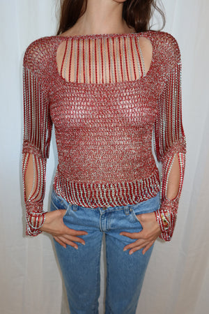 Loris Azzaro 1973 Couture Red & Silver Chainmail Top