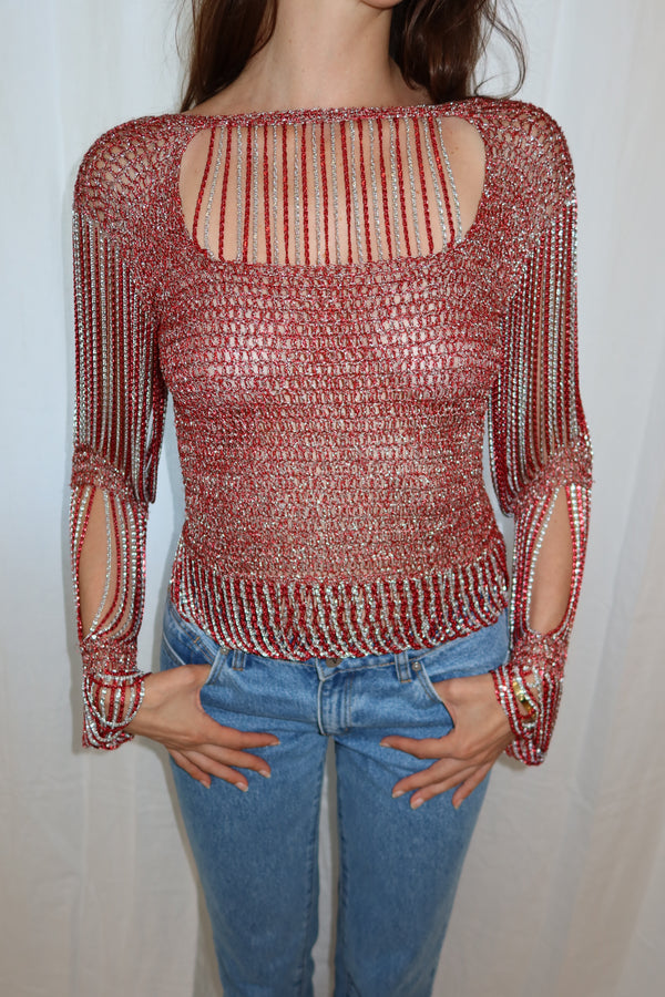 Loris Azzaro 1973 Couture Red & Silver Chainmail Top